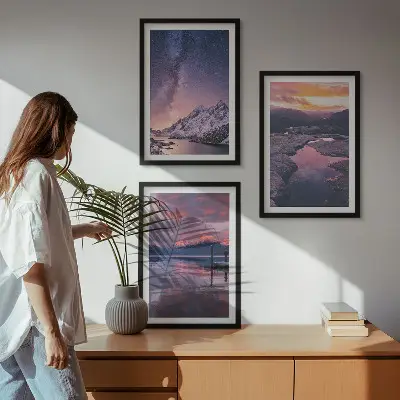 Conjunto de 3 quadros com moldura estampa de montanhas e paisagens naturais