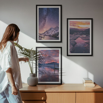 Conjunto de 3 quadros com moldura Montanhas, água, paisagens belíssimas