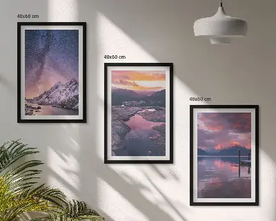 Conjunto de 3 quadros com moldura estampa de montanhas e paisagens naturais