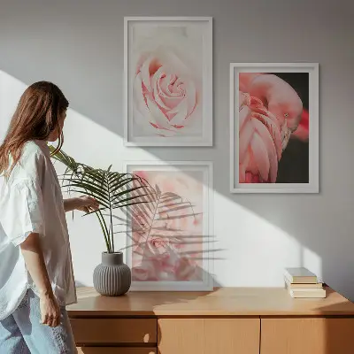 Conjunto de quadros para sala de estar com estampas de flamingos em rosa pastel