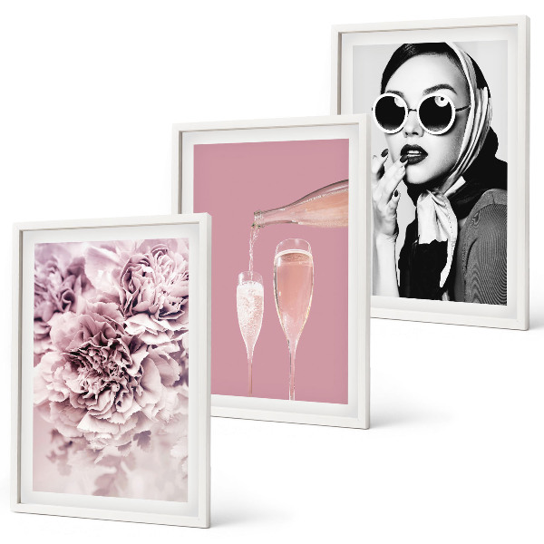 Conjunto de 3 quadros com moldura Rosas e uma dama elegante