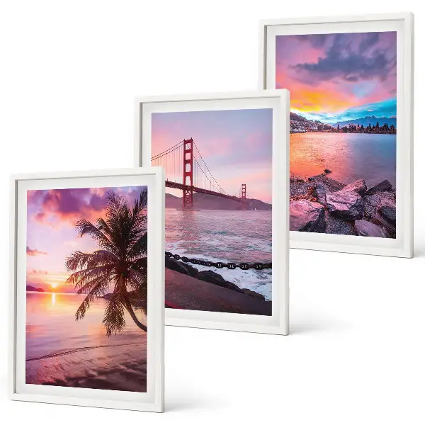 Conjunto de 3 quadros com moldura paisagem de ponte ao pôr do sol