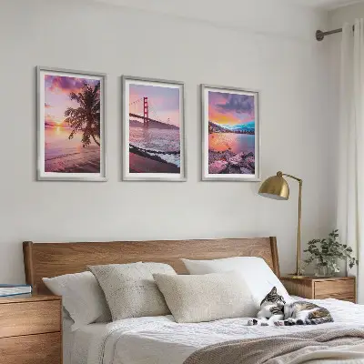Conjunto de 3 quadros com moldura paisagem de ponte ao pôr do sol