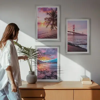 Conjunto de 3 quadros com moldura paisagem de ponte ao pôr do sol