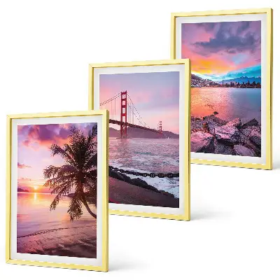 Conjunto de 3 quadros com moldura paisagem de ponte ao pôr do sol
