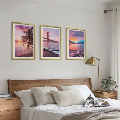 Conjunto de 3 quadros com moldura paisagem de ponte ao pôr do sol