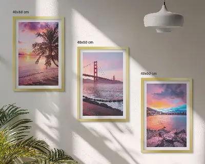Conjunto de 3 quadros com moldura paisagem de ponte ao pôr do sol