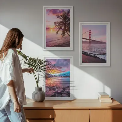 Conjunto de 3 quadros com moldura paisagem de ponte ao pôr do sol