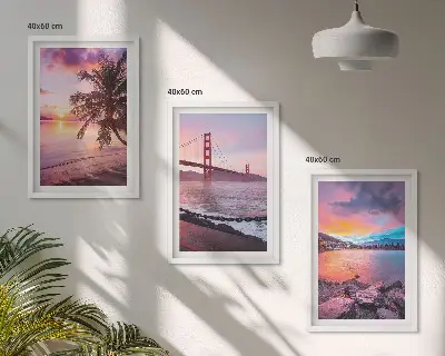 Conjunto de 3 quadros com moldura paisagem de ponte ao pôr do sol