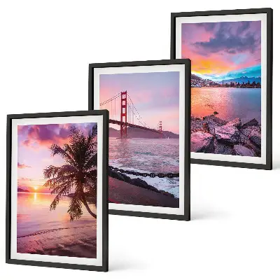 Conjunto de 3 quadros com moldura paisagem de ponte ao pôr do sol