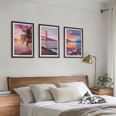 Conjunto de 3 quadros com moldura paisagem de ponte ao pôr do sol