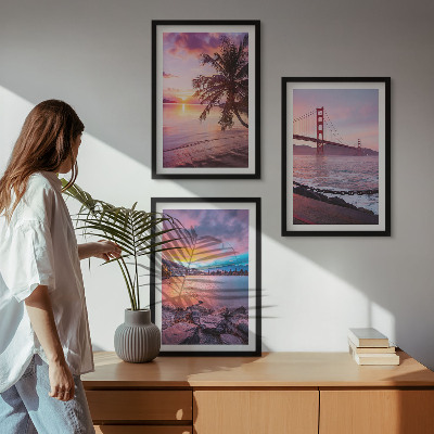 Conjunto de 3 quadros com moldura paisagem da ponte ao pôr do sol