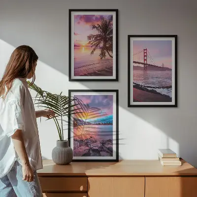 Conjunto de 3 quadros com moldura paisagem de ponte ao pôr do sol