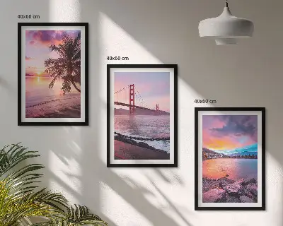 Conjunto de 3 quadros com moldura paisagem de ponte ao pôr do sol