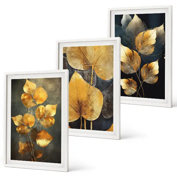 Composição de quadros moderna folhas amarelas sobre fundo escuro