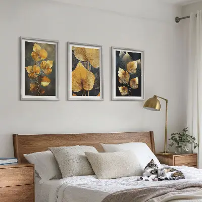 Composição de quadros moderna folhas amarelas sobre fundo escuro