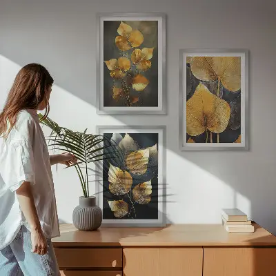 Composição de quadros moderna folhas amarelas sobre fundo escuro