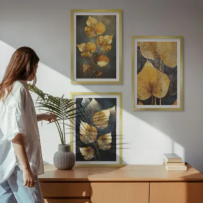 Composição de quadros moderna folhas amarelas sobre fundo escuro