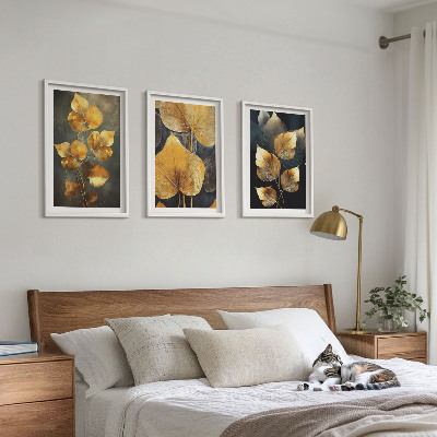 Composição de quadros moderna Folhas amarelas sobre um fundo escuro