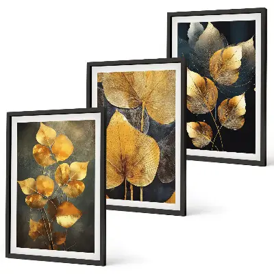 Composição de quadros moderna folhas amarelas sobre fundo escuro