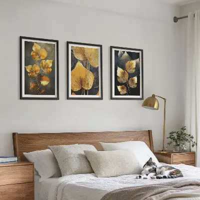 Composição de quadros moderna folhas amarelas sobre fundo escuro