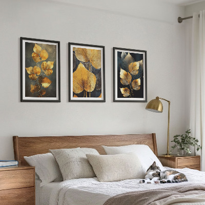 Composição de quadros moderna Folhas amarelas sobre um fundo escuro