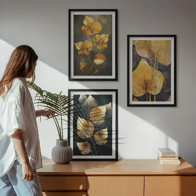 Composição de quadros moderna folhas amarelas sobre fundo escuro