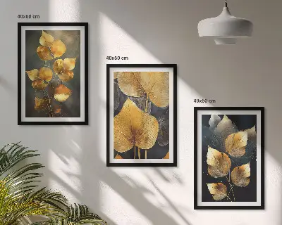 Composição de quadros moderna folhas amarelas sobre fundo escuro