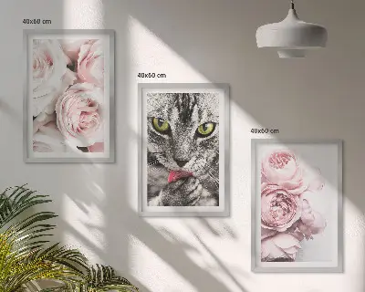 Conjunto de 3 quadros com moldura estampa de gato em flores cor-de-rosa