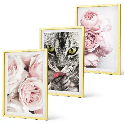 Conjunto de 3 quadros com moldura estampa de gato em flores cor-de-rosa