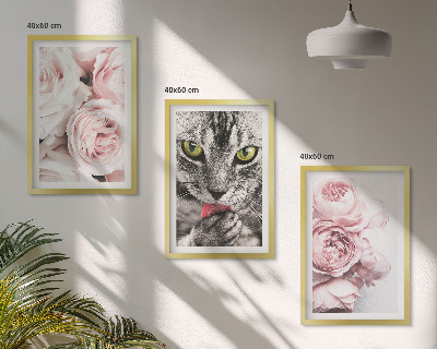Conjunto de 3 quadros com moldura Gato em flores cor-de-rosa