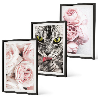 Conjunto de 3 quadros com moldura Gato em flores cor-de-rosa