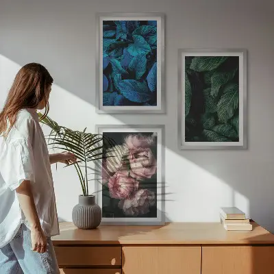 Composição de quadros moderna com folhas e flores em cores variadas