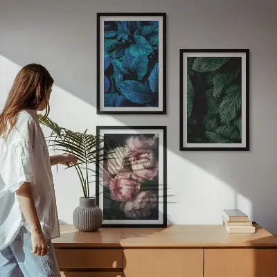 Composição de quadros moderna com folhas e flores em cores variadas