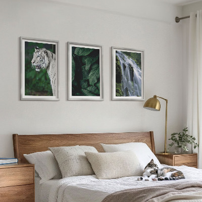 Conjunto de 3 quadros com moldura Cascata de folhas de tigre branco