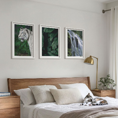 Conjunto de 3 quadros com moldura Cascata de folhas de tigre branco