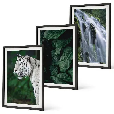 Conjunto de 3 quadros com moldura de cascata de folhas com tigre branco