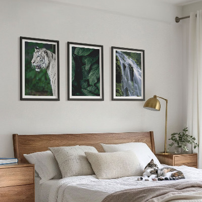 Conjunto de 3 quadros com moldura Cascata de folhas de tigre branco