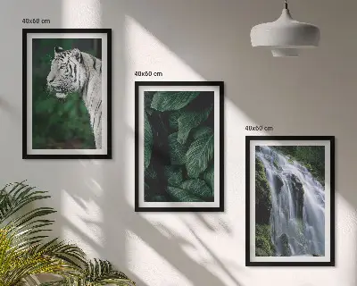 Conjunto de 3 quadros com moldura de cascata de folhas com tigre branco