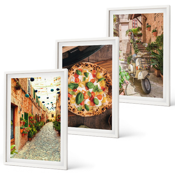 Conjunto de 3 quadros com moldura Ruas charmosas com pizza