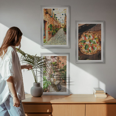 Conjunto de 3 quadros com moldura Ruas charmosas com pizza