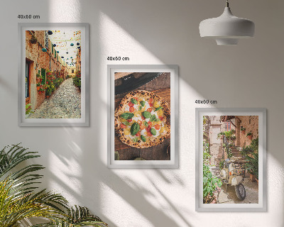 Conjunto de 3 quadros com moldura Ruas charmosas com pizza