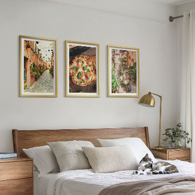 Conjunto de 3 quadros com moldura Ruas charmosas com pizza