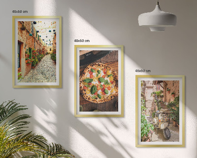 Conjunto de 3 quadros com moldura Ruas charmosas com pizza