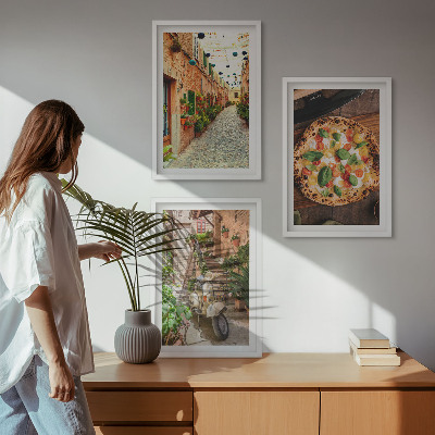 Conjunto de 3 quadros com moldura Ruas charmosas com pizza