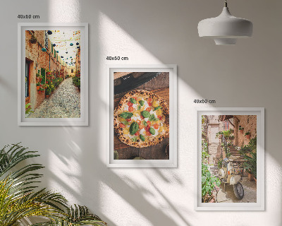 Conjunto de 3 quadros com moldura Ruas charmosas com pizza