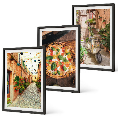 Conjunto de 3 quadros com moldura Ruas charmosas com pizza