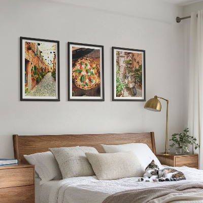Conjunto de 3 quadros com moldura Ruas charmosas com pizza