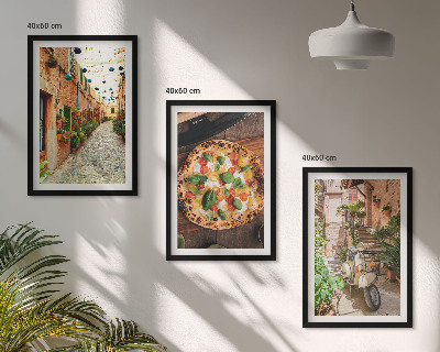Conjunto de 3 quadros com moldura Ruas charmosas com pizza