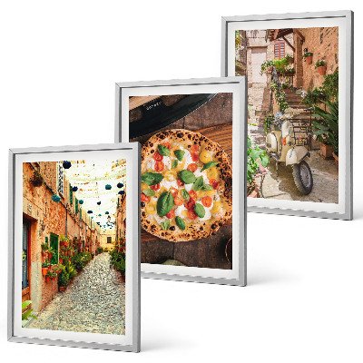 Conjunto de 3 quadros com moldura Ruas charmosas com pizza